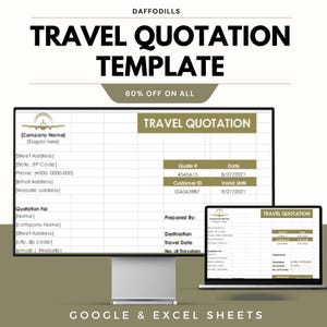 Könnte beinhalten: Eine digitale Reiseangebotsvorlage, die auf einem Desktop-Monitor und einem Laptop angezeigt wird. Die Vorlage enthält Felder für Unternehmensinformationen, Angebotsdetails und Reiseinformationen. Der Text "TRAVEL QUOTATION TEMPLATE" ist deutlich sichtbar.
