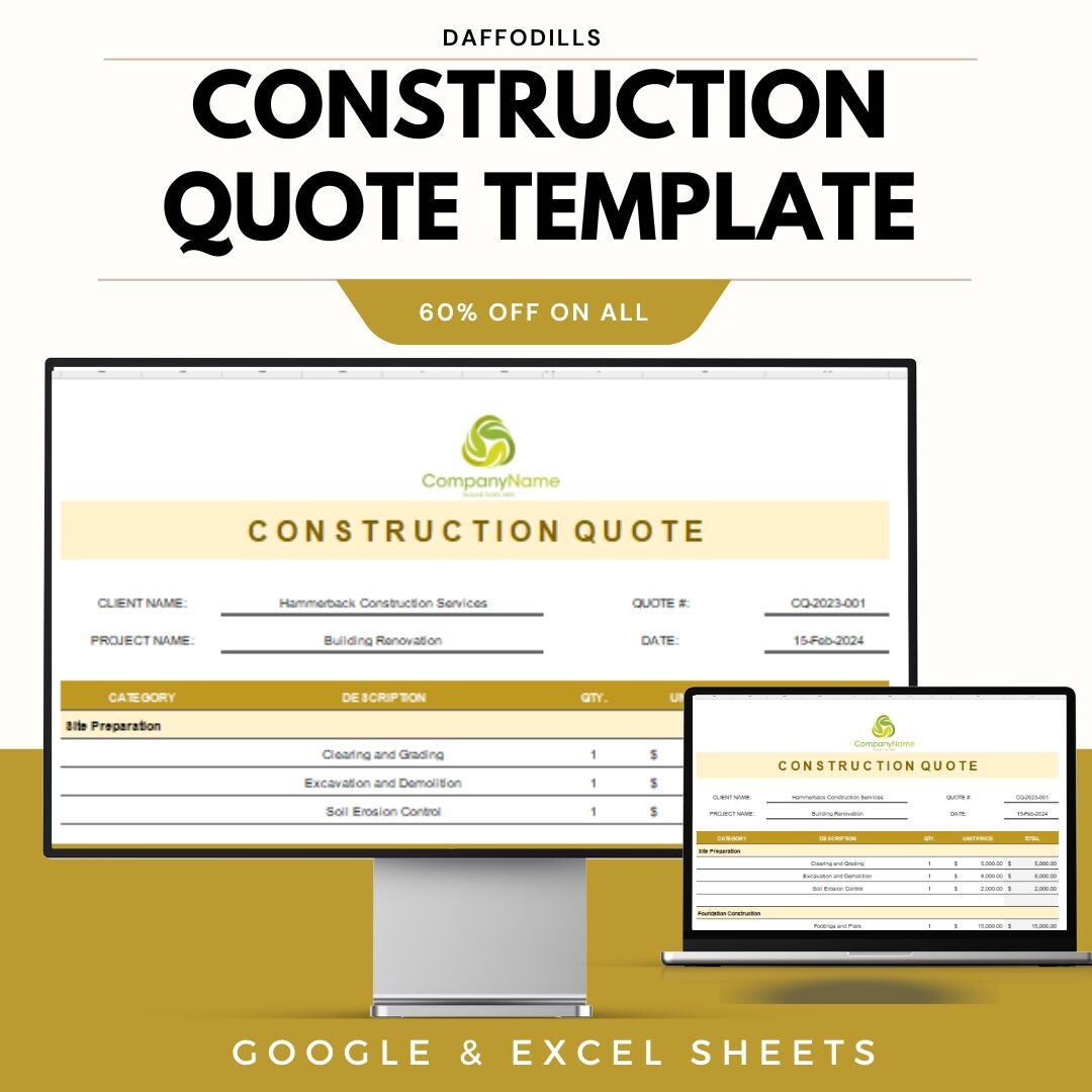 Construction Quote Template, Contractor Estimate Sheet, Builder Pricing ...