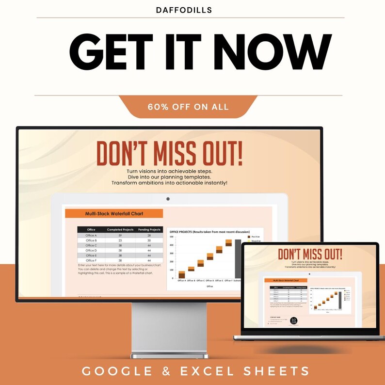 May include: An advertisement with the text "GET IT NOW" and "60% OFF ON ALL." It shows a desktop computer, a tablet, and a laptop displaying charts and the words "DON'T MISS OUT!" The bottom of the image reads "GOOGLE & EXCEL SHEETS."