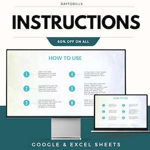 May include: A digital graphic with the word "INSTRUCTIONS" in bold black letters. Below, it says "60% OFF ON ALL". The image shows a desktop computer and a laptop displaying instructions for Google & Excel Sheets.