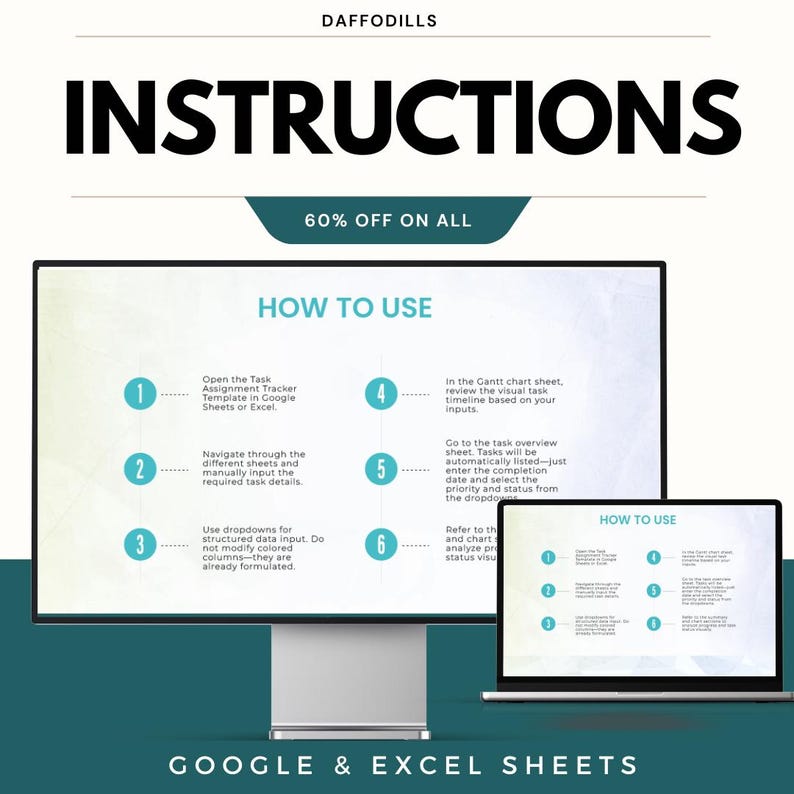 May include: A digital graphic with the word "INSTRUCTIONS" in bold black letters. Below, it says "60% OFF ON ALL". The image shows a desktop computer and a laptop displaying instructions for Google & Excel Sheets.