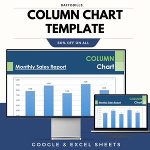 Puede incluir: Una pantalla de ordenador y un portátil que muestran una plantilla de gráfico de columnas. Las pantallas muestran un gráfico de barras azul y blanco con la etiqueta "Monthly Sales Report" y "Column Chart". La imagen incluye el texto "COLUMN CHART TEMPLATE" y "60% OFF ON ALL".