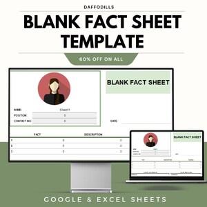 Könnte beinhalten: Eine digitale Vorlage für ein leeres Fact Sheet, angezeigt auf einem Desktop-Monitor und einem Laptop. Das Fact Sheet enthält Felder für Name, Position und Kontaktinformationen. Der Text "BLANK FACT SHEET TEMPLATE" steht oben, darunter "60% OFF ON ALL".