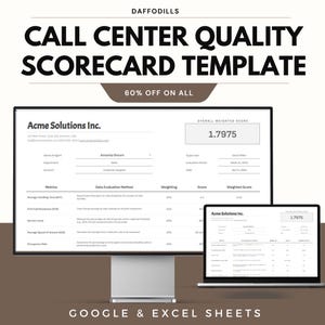 Op de afbeelding: Een sjabloon voor een callcenterkwaliteitsscorekaart weergegeven op een computermonitor en een laptop. De sjabloon bevat statistieken, gegevensbeoordelingsmethoden, weging, score en gewogen score. De tekst "60% OFF ON ALL" is ook zichtbaar.