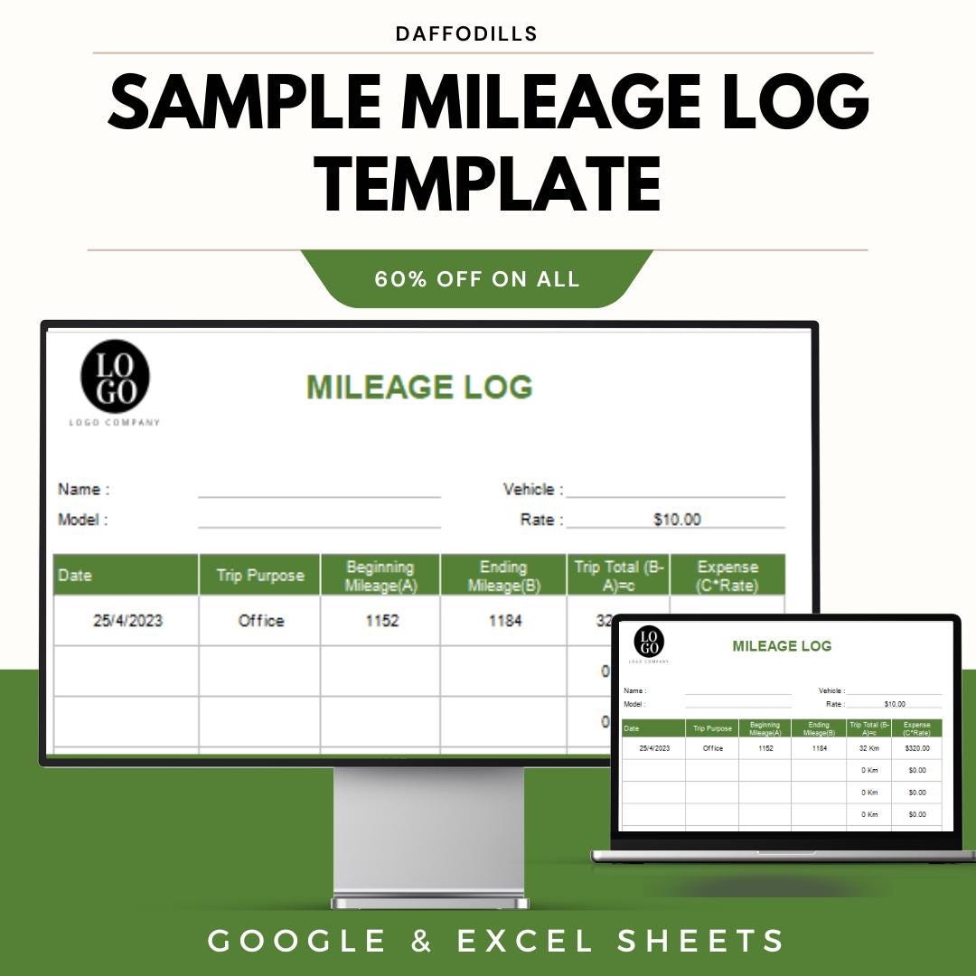 Sample Mileage Log Template Google & Excel Sheets Etsy