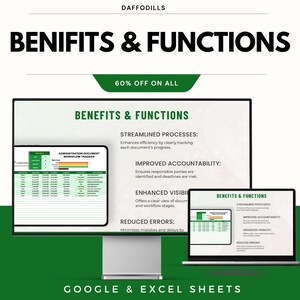 May include: A digital marketing graphic with the text "BENIFITS & FUNCTIONS" and "60% OFF ON ALL". The image shows a computer monitor and laptop displaying spreadsheets. The text "GOOGLE & EXCEL SHEETS" is at the bottom.