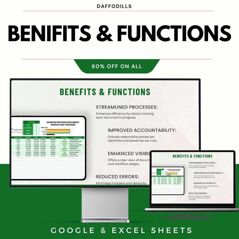 May include: A digital marketing graphic with the text "BENIFITS & FUNCTIONS" and "60% OFF ON ALL". The image shows a computer monitor and laptop displaying spreadsheets. The text "GOOGLE & EXCEL SHEETS" is at the bottom.