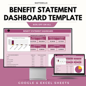 May include: A digital benefit statement dashboard template shown on a computer monitor and laptop. The template features data tables and charts with a pink and white colour scheme. Text includes "Benefit Statement Dashboard" and "Google & Excel Sheets".