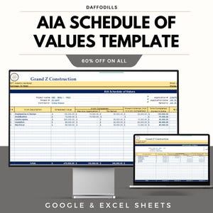 May include: AIA Schedule of Values template displayed on a computer monitor and laptop. The template includes sections for work description, scheduled value, and work completed. The text "60% OFF ON ALL" is also visible.