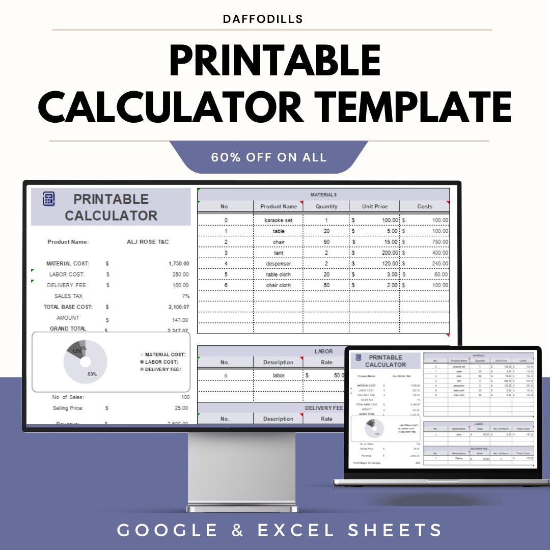 Printable Calculator Template, Cost Estimation, Material and Labor ...