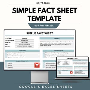 Könnte beinhalten: Eine digitale Marketingvorlage mit dem Titel „SIMPLE FACT SHEET TEMPLATE“ mit dem Text „60% OFF ON ALL“. Die Vorlage wird auf einem Computermonitor und einem Laptop angezeigt, mit Details zu Red Basket, Schlüsselfaktoren und Zielgruppe.