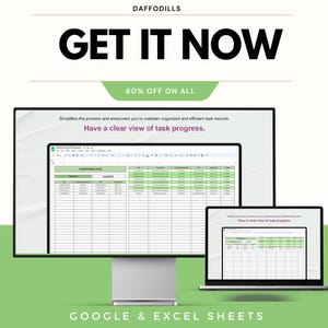 Op de afbeelding: Een advertentie van Daffodils met een desktopcomputer en een laptop met een spreadsheet. De tekst "GET IT NOW" wordt weergegeven, samen met "60% OFF ON ALL". De afbeelding promoot Google & Excel Sheets.