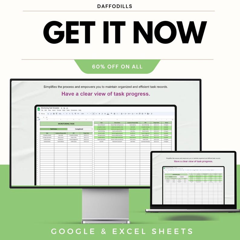 Op de afbeelding: Een advertentie van Daffodils met een desktopcomputer en een laptop met een spreadsheet. De tekst "GET IT NOW" wordt weergegeven, samen met "60% OFF ON ALL". De afbeelding promoot Google & Excel Sheets.