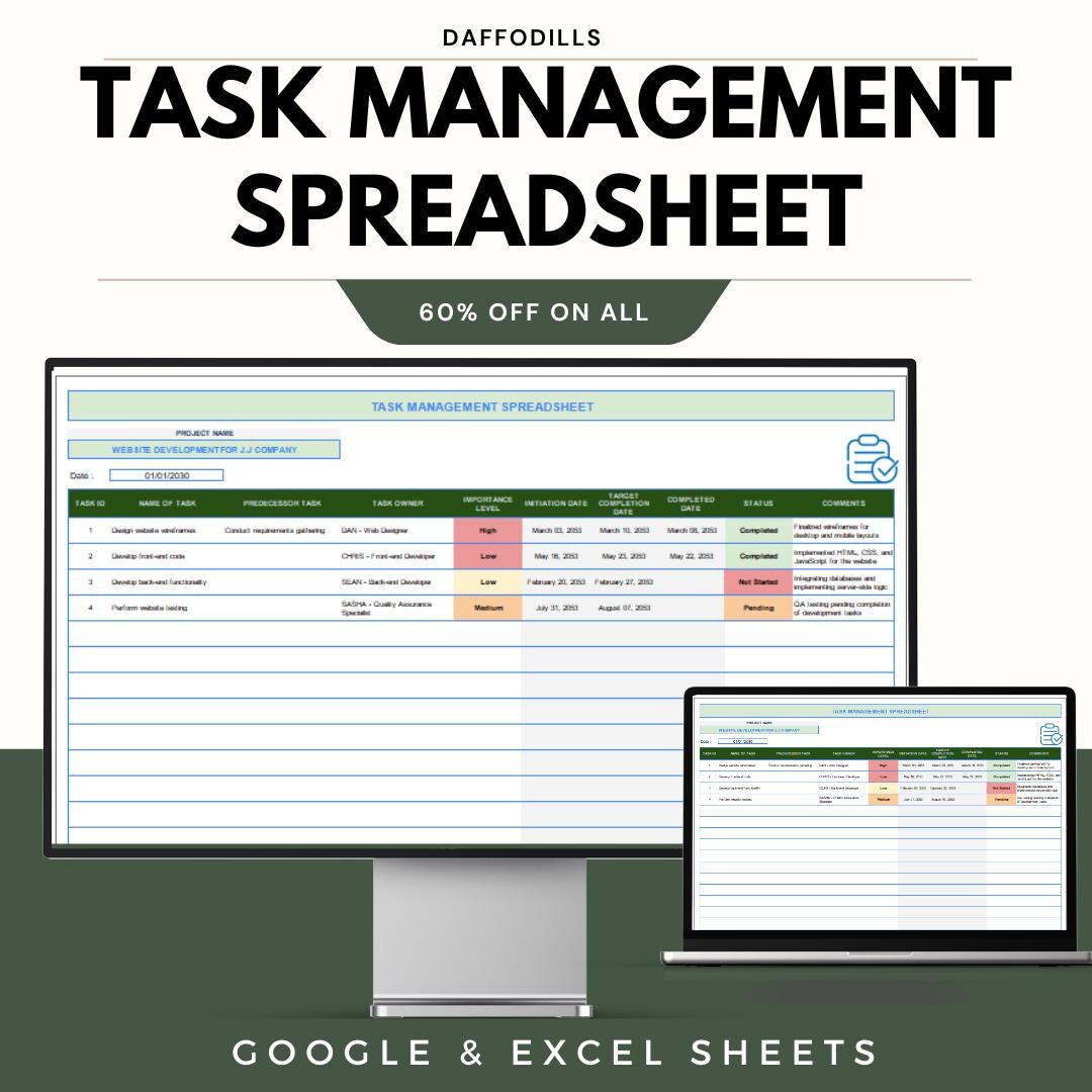 Task Management Spreadsheet, Excel & Google Sheets Task Tracker ...