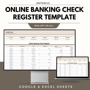 May include: A computer monitor and laptop show an online banking check register template. The template includes fields for dates, transaction types, payees, withdrawals, deposits, and balances. The text "ONLINE BANKING CHECK REGISTER TEMPLATE" is displayed at the top.