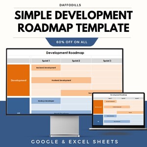 Puede incluir: Una plantilla digital de hoja de ruta de producto que se muestra en un monitor de ordenador y un portátil. La plantilla se titula "Simple Development Roadmap Template" e incluye secciones para el desarrollo backend, frontend y Node.js. La imagen también incluye el texto "60% OFF ON ALL" y "Google & Excel Sheets."