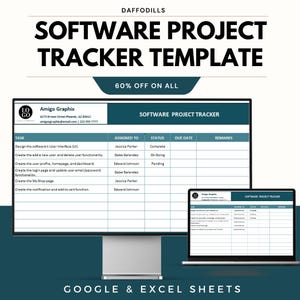 Peut inclure: Modèle de suivi de projet logiciel affiché sur un écran d'ordinateur de bureau et un ordinateur portable. Le modèle comprend des sections pour les tâches, les personnes affectées, l'état, les dates d'échéance et les remarques. Le texte sur l'image indique "SOFTWARE PROJECT TRACKER TEMPLATE" et "60% OFF ON ALL".