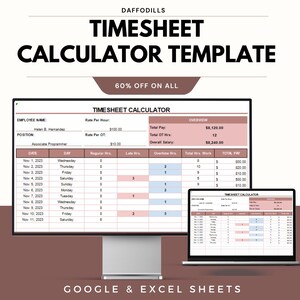 Pode incluir: Um modelo de calculadora de folhas de ponto digital exibido em um monitor de computador e laptop. O modelo inclui campos para o nome do funcionário, a taxa e as horas, com um resumo do salário total. O texto "TIMESHEET CALCULATOR TEMPLATE" está no topo.
