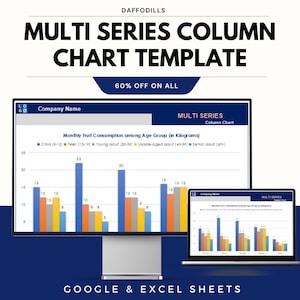 Puede incluir: Un monitor de ordenador y un portátil muestran una plantilla de gráfico de columnas de series múltiples. El gráfico muestra el consumo mensual de fruta por grupo de edad en kilogramos. La imagen incluye el texto "MULTI SERIES COLUMN CHART TEMPLATE" y "GOOGLE & EXCEL SHEETS".