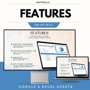 May include: An advertisement for a digital product, showcasing a computer monitor and two laptops displaying a "Study Progress Tracker" template. The image highlights features like adaptable framework, reduced development time, versatility, and user-friendly designs. Text includes "FEATURES" and "60% OFF ON ALL".