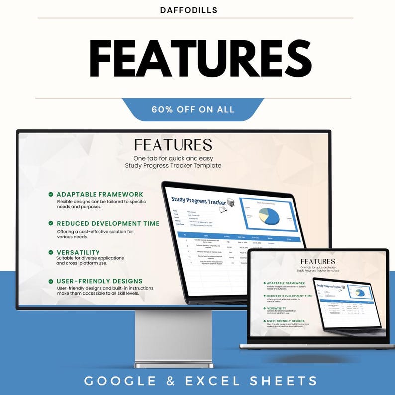 May include: An advertisement for a digital product, showcasing a computer monitor and two laptops displaying a "Study Progress Tracker" template. The image highlights features like adaptable framework, reduced development time, versatility, and user-friendly designs. Text includes "FEATURES" and "60% OFF ON ALL".