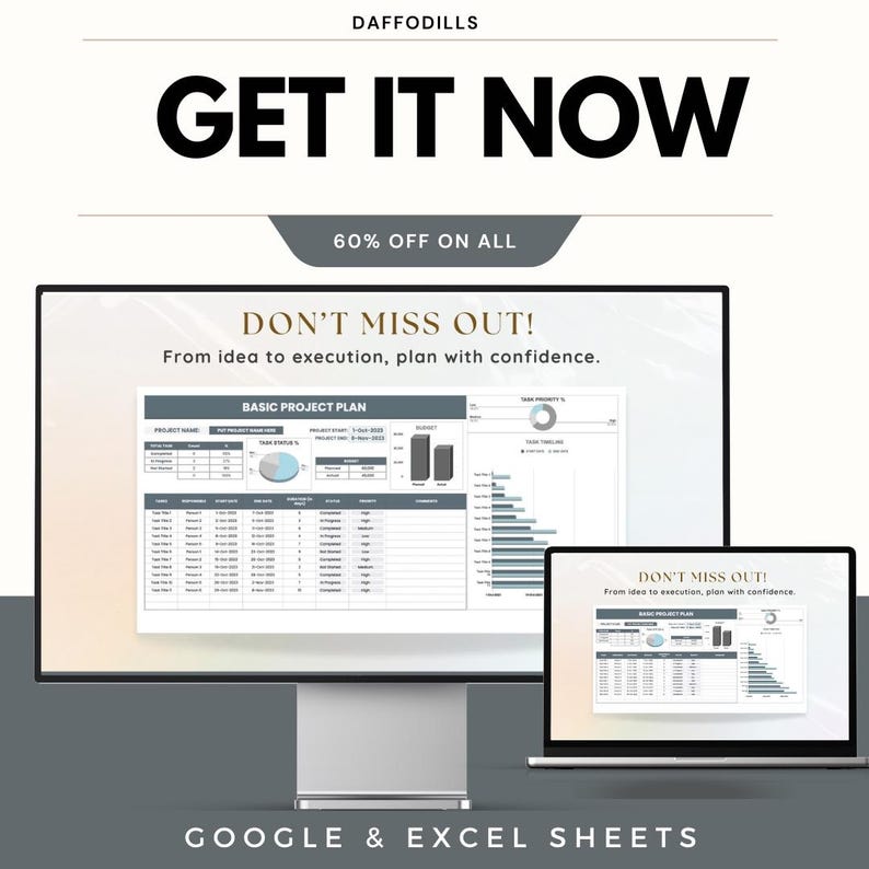 Op de afbeelding: Promotieafbeelding met de tekst "GET IT NOW" in grote zwarte letters. Daaronder staat "60% OFF ON ALL". De afbeelding toont een desktopcomputer en een laptop, beide met projectplansjablonen. De tekst "DON'T MISS OUT!" is zichtbaar.