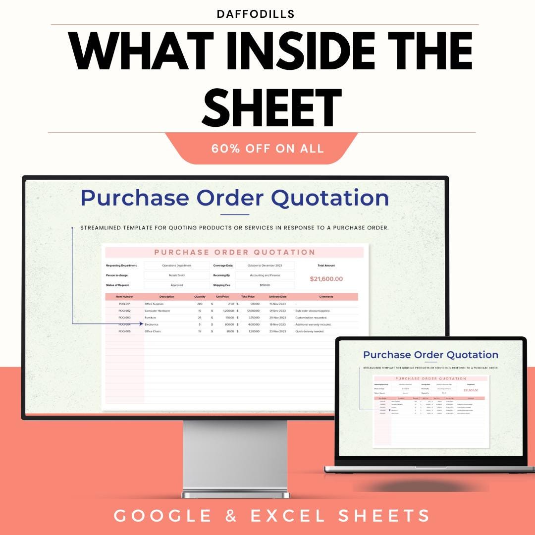 Purchase Order Quotation Template, Excel & Google Sheets, Business ...