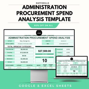 Può includere: Un modello digitale per l'amministrazione, gli approvvigionamenti e l'analisi delle spese, visualizzato su un monitor di computer e un laptop. Il modello include tabelle di dati, grafici e il testo "SCONTO DEL 60% SU TUTTO".