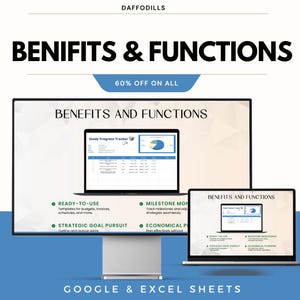 May include: An advertisement for a digital product, showing a desktop computer and a laptop displaying a "Study Progress Tracker" interface. The text reads "BENIFITS & FUNCTIONS" and "60% OFF ON ALL". The bottom text says "GOOGLE & EXCEL SHEETS".