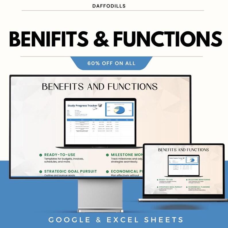 May include: An advertisement for a digital product, showing a desktop computer and a laptop displaying a "Study Progress Tracker" interface. The text reads "BENIFITS & FUNCTIONS" and "60% OFF ON ALL". The bottom text says "GOOGLE & EXCEL SHEETS".
