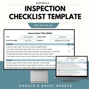 Puede incluir: Una plantilla digital de lista de verificación de inspección en un monitor de computadora y una computadora portátil. La plantilla incluye secciones para inspecciones exteriores e interiores, con campos para los detalles del propietario y del inspector. El texto dice "Inspection Checklist Template" y "60% OFF ON ALL".