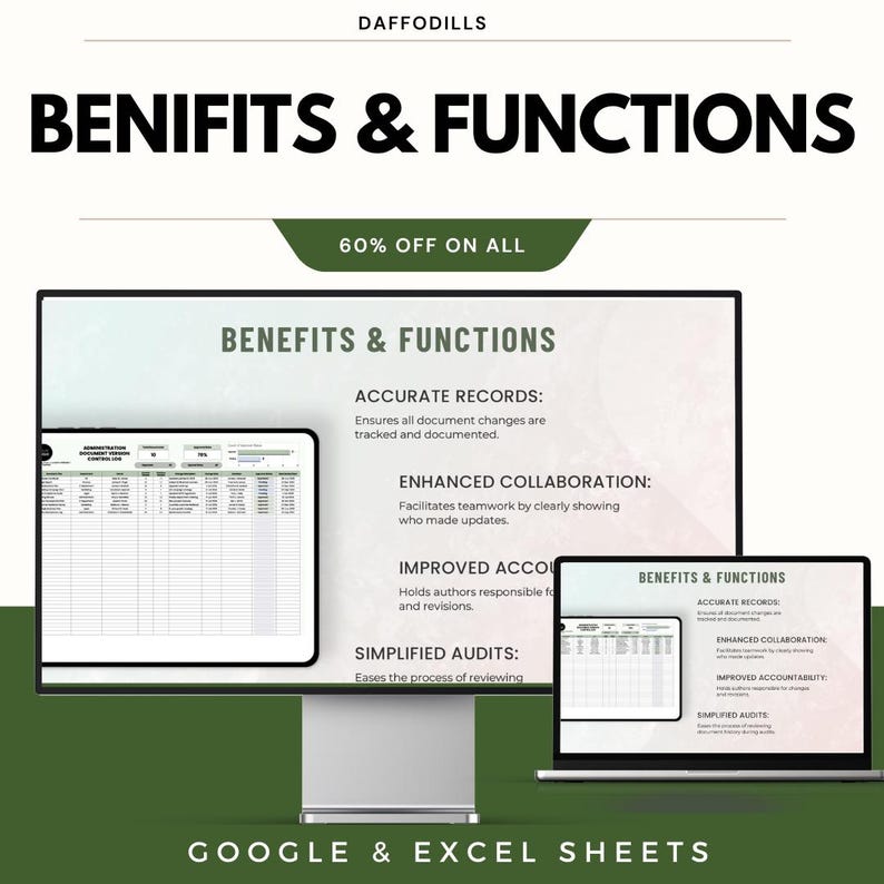 以下が含まれることがあります： 「BENIFITS & FUNCTIONS」と「60% OFF ON ALL」のテキストが記載されたプロモーション画像。デスクトップコンピュータ、タブレット、ラップトップが表示され、すべてスプレッドシートのデータを表示しています。正確な記録やコラボレーションの強化などの利点をテキストで強調しています。画像の下部には「GOOGLE & EXCEL SHEETS」と書かれています。