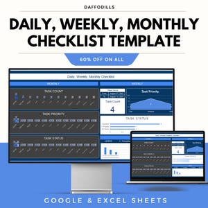 Puede incluir: Una plantilla de lista de verificación digital que se muestra en un monitor de computadora y una computadora portátil. La plantilla está etiquetada como "Daily, Weekly, Monthly Checklist" e incluye secciones para el recuento de tareas, la prioridad y el estado. También es visible el texto "60% OFF ON ALL".
