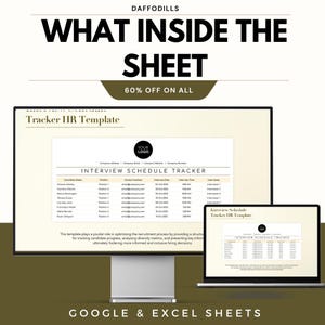 May include: A computer monitor and laptop display a recruitment template with the text "Interview Schedule Tracker." The image includes the text "WHAT INSIDE THE SHEET" and "60% OFF ON ALL." The bottom of the image reads "GOOGLE & EXCEL SHEETS."