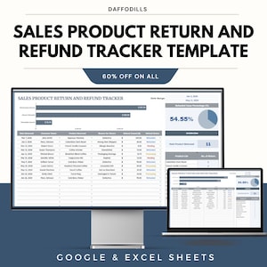 May include: A computer monitor and laptop displaying a sales product return and refund tracker template. The template shows data in a spreadsheet format, with a pie chart and the text "60% OFF ON ALL". The text "GOOGLE & EXCEL SHEETS" is at the bottom.