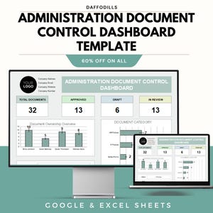 Op de afbeelding: Een digitaal dashboard sjabloon voor administratieve documentcontrole, weergegeven op een computermonitor en een laptop. De sjabloon bevat secties voor het totale aantal documenten, goedgekeurd, concept en in beoordeling.