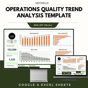 May include: A digital template for operations quality trend analysis, displayed on a computer monitor and laptop. The template includes charts and graphs for data visualization, with the text "OPERATIONS QUALITY TREND ANALYSIS TEMPLATE" at the top.