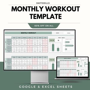 May include: A digital workout template displayed on a desktop monitor and a laptop. The template is titled "MONTHLY WORKOUT TEMPLATE" and includes charts and tables. The text "60% OFF ON ALL" is also visible. The template is designed for Google & Excel Sheets.