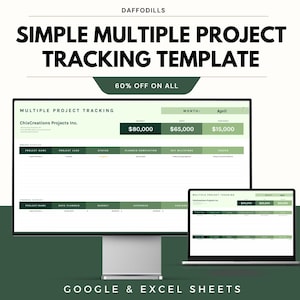 Könnte beinhalten: Ein Computermonitor und ein Laptop zeigen eine Projektverfolgungs-Vorlage. Der Text lautet „SIMPLE MULTIPLE PROJECT TRACKING TEMPLATE“ und „60% OFF ON ALL“. Die Vorlage zeigt Budget- und Finanzdaten. Der untere Teil des Bildes lautet „GOOGLE & EXCEL SHEETS“.