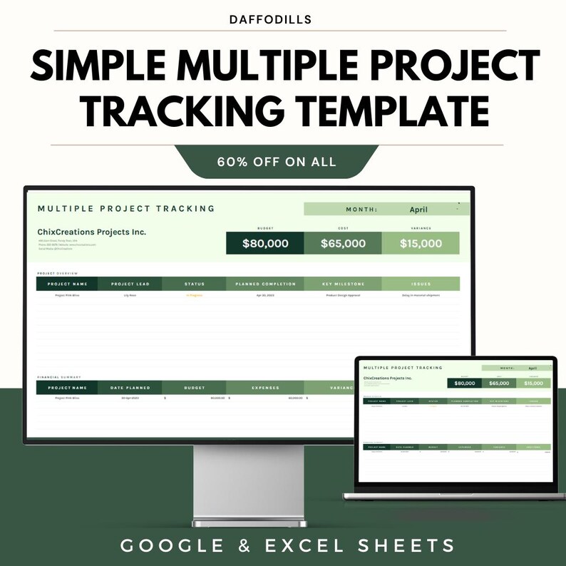 K&ouml;nnte beinhalten: Ein Computermonitor und ein Laptop zeigen eine Projektverfolgungs-Vorlage. Der Text lautet &bdquo;SIMPLE MULTIPLE PROJECT TRACKING TEMPLATE&ldquo; und &bdquo;60% OFF ON ALL&ldquo;. Die Vorlage zeigt Budget- und Finanzdaten. Der untere Teil des Bildes lautet &bdquo;GOOGLE & EXCEL SHEETS&ldquo;.