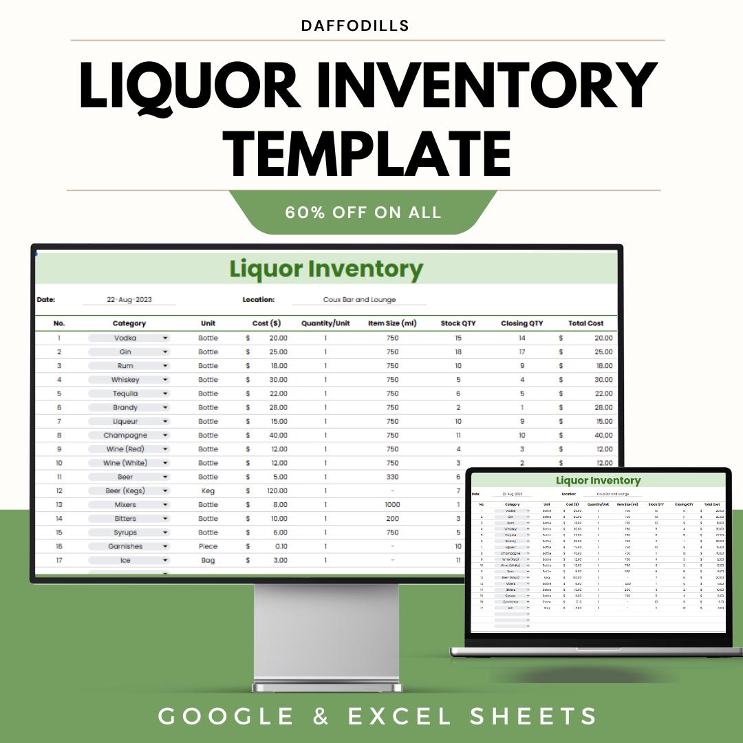 Liquor Inventory Template, Bar Inventory Spreadsheet, Alcohol Stock Tracker, Beverage Management Sheet, Google Sheets Excel