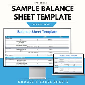 May include: A digital image of a balance sheet template displayed on a computer monitor and a laptop. The template includes sections for assets, liabilities, and owner's equity. The text "SAMPLE BALANCE SHEET TEMPLATE" is at the top.