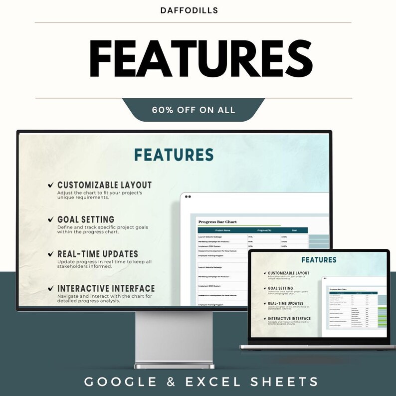 May include: A digital display showcasing features of a Google & Excel Sheets product. The image highlights customizable layout, goal setting, real-time updates, and interactive interface. Text includes "FEATURES" and "60% OFF ON ALL".
