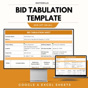 Puede incluir: Un monitor de computadora y una computadora portátil muestran una plantilla de tabulación de ofertas. La plantilla incluye campos para el nombre de la empresa, la dirección, el nombre del proyecto y los detalles de la apertura de la oferta. La imagen también incluye el texto "60% DE DESCUENTO EN TODO" y "GOOGLE & EXCEL SHEETS".