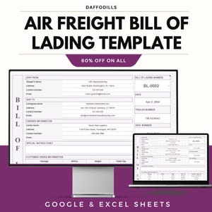 Può includere: Un modello digitale per una polizza di carico aereo, visualizzato su un monitor di computer e un laptop. Il testo recita "AIR FREIGHT BILL OF LADING TEMPLATE" con una promozione del 60% di sconto. Il modello è progettato per Google & Excel Sheets.