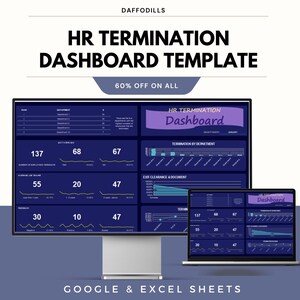 May include: A digital HR Termination Dashboard Template displayed on a computer monitor and laptop. The template features data visualizations, charts, and graphs with the text "HR Termination Dashboard Template" and "60% OFF ON ALL". The template is designed for Google & Excel Sheets.