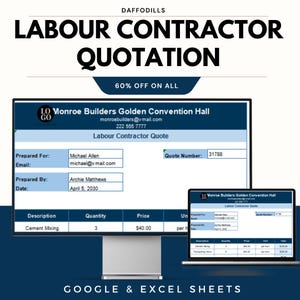 Può includere: Immagine digitale di un preventivo di appaltatore di lavoro su un monitor di computer e un laptop. Il preventivo include i dettagli del cliente e il numero del preventivo. Il testo "LABOUR CONTRACTOR QUOTATION" è visualizzato, con un banner "60% OFF ON ALL".