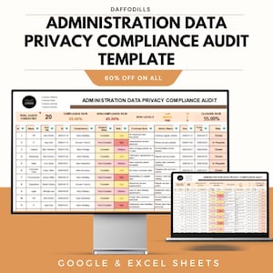 Op de afbeelding: Een digitale sjabloon voor een audit van de naleving van de privacy van administratieve gegevens, weergegeven op een desktopmonitor en een laptop. De sjabloon bevat gegevenstabellen met nalevingspercentages, risiconiveaus en sluitingspercentages. De tekst luidt "60% OFF ON ALL" en "GOOGLE & EXCEL SHEETS".