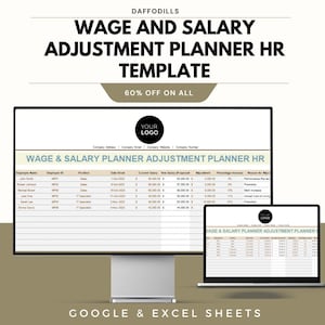 May include: A digital HR template for wage and salary adjustments, shown on a computer monitor and laptop. The template includes a table with employee data, salary details, and adjustment percentages. The image also features the text "WAGE AND SALARY ADJUSTMENT PLANNER HR TEMPLATE".