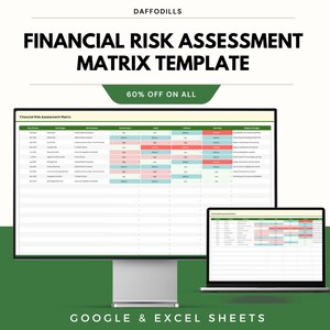 Könnte beinhalten: Ein Computermonitor und ein Laptop zeigen eine Vorlage für eine Finanzrisikobewertungsmatrix. Die Vorlage enthält eine Tabelle mit Zeilen und Spalten, farbcodiert für Risikostufen. Der Text oben lautet "Financial Risk Assessment Matrix Template". Das Bild enthält auch den Text "60% OFF ON ALL" und "GOOGLE & EXCEL SHEETS".